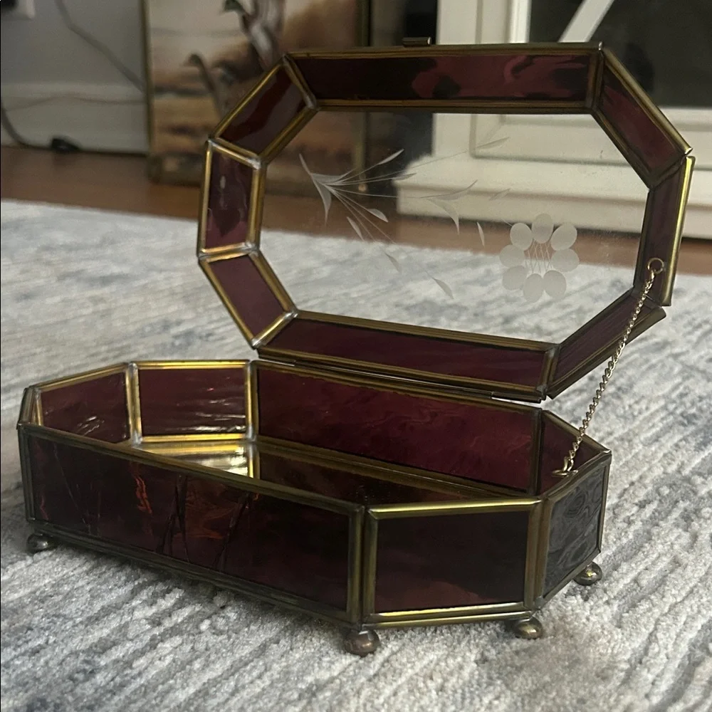Vintage Handcrafted Stained Glass Jewelry Box | Mauve & Brass Etched Floral